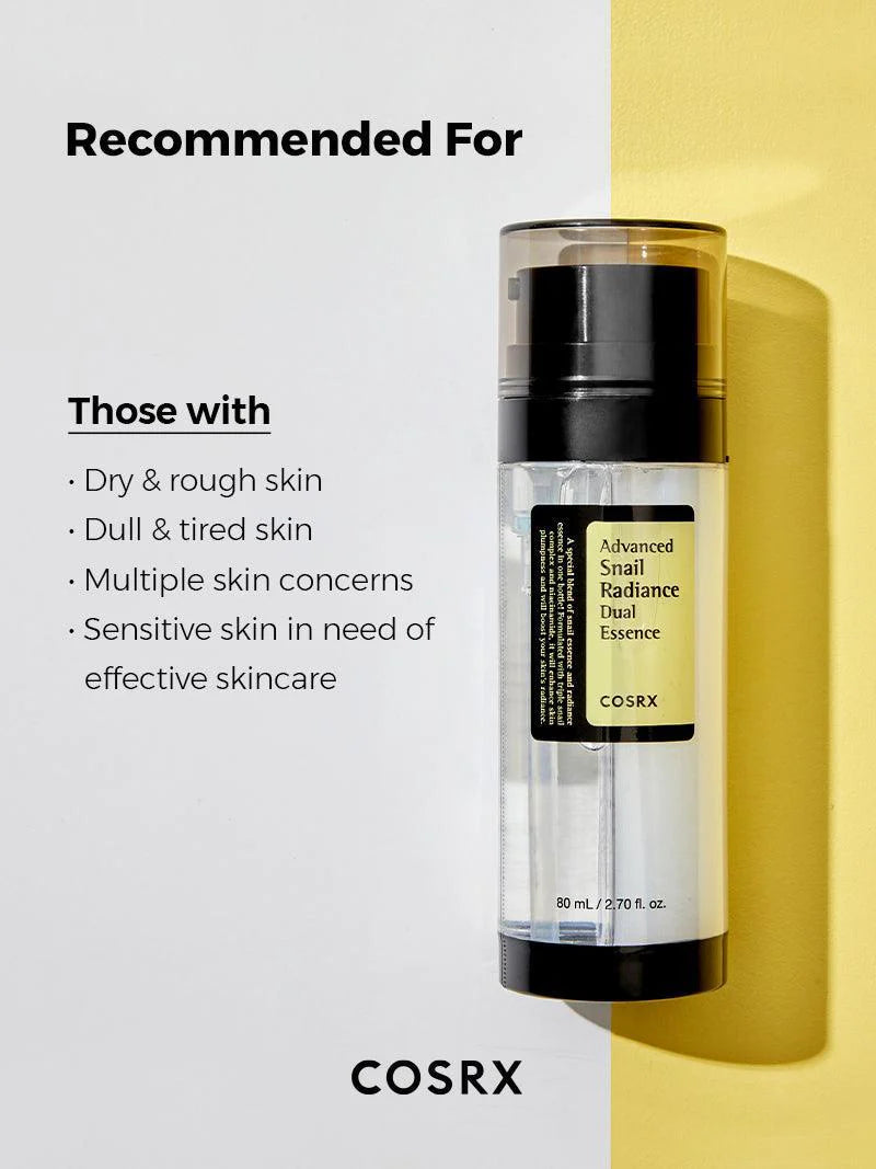 COSRX Advanced Snail Radiance Dual Essence — how to use: shake, then apply after toner