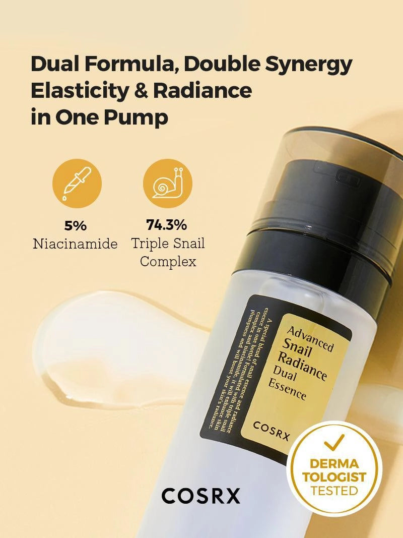 COSRX Advanced Snail Radiance Dual Essence — boosts radiance for glowing, healthy skin