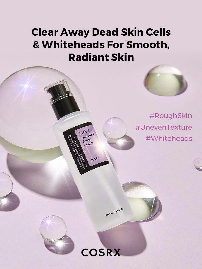 COSRX AHA 7 Whitehead Power Liquid — glycolic acid exfoliates to smooth skin texture