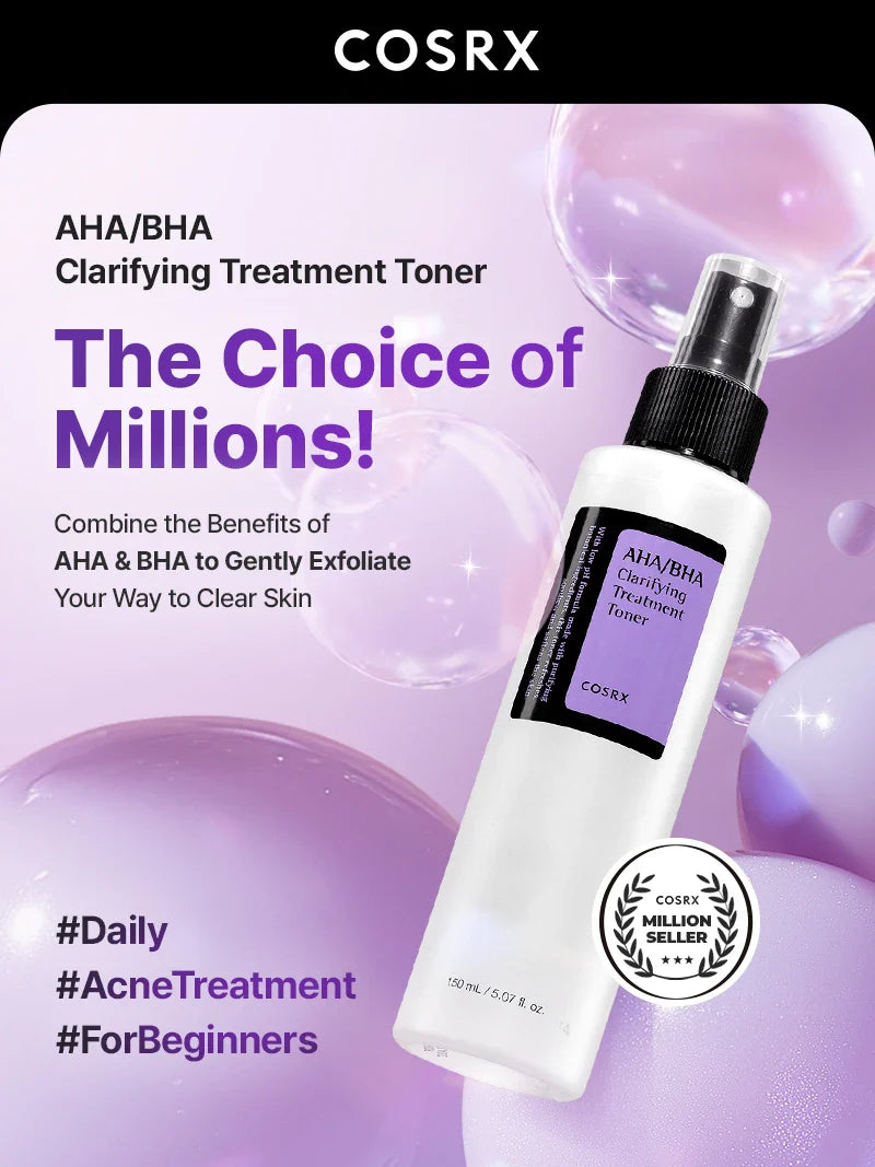 COSRX AHA/BHA 7 Clarifying Treatment Toner — AHA and BHA gently exfoliate for smoother skin
