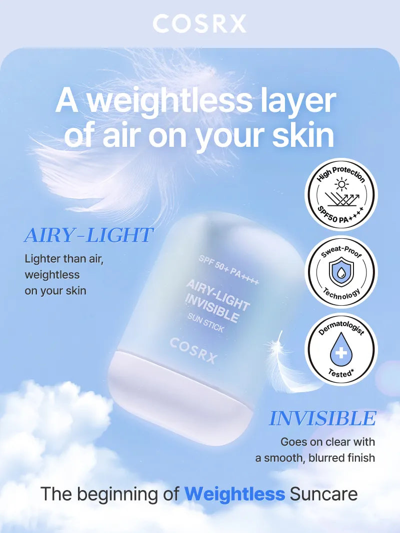 COSRX Airy-Light Invisible Sun Stick SPF50+ — SPF50+ PA+++ shields skin from UV rays