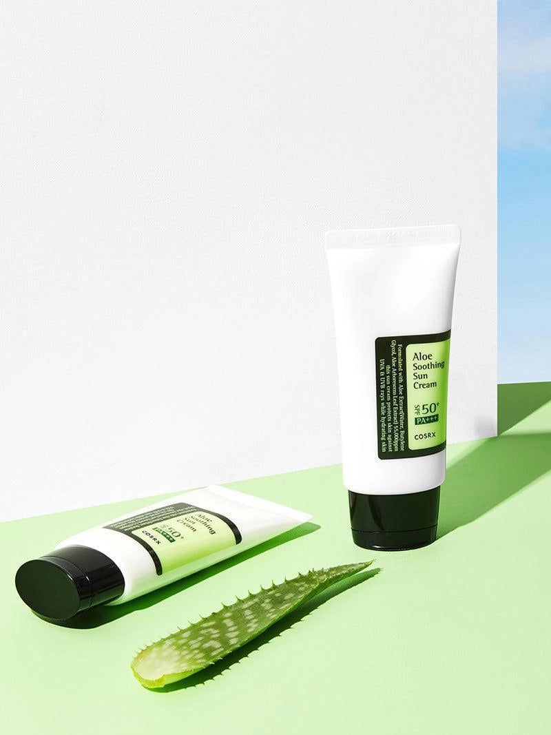 COSRX Aloe Soothing Sun Cream SPF50+ — light formula absorbs without heaviness