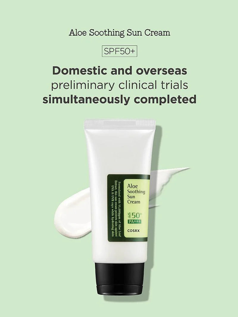 COSRX Aloe Soothing Sun Cream SPF50+ — SPF50+ PA+++ shields skin from UV rays