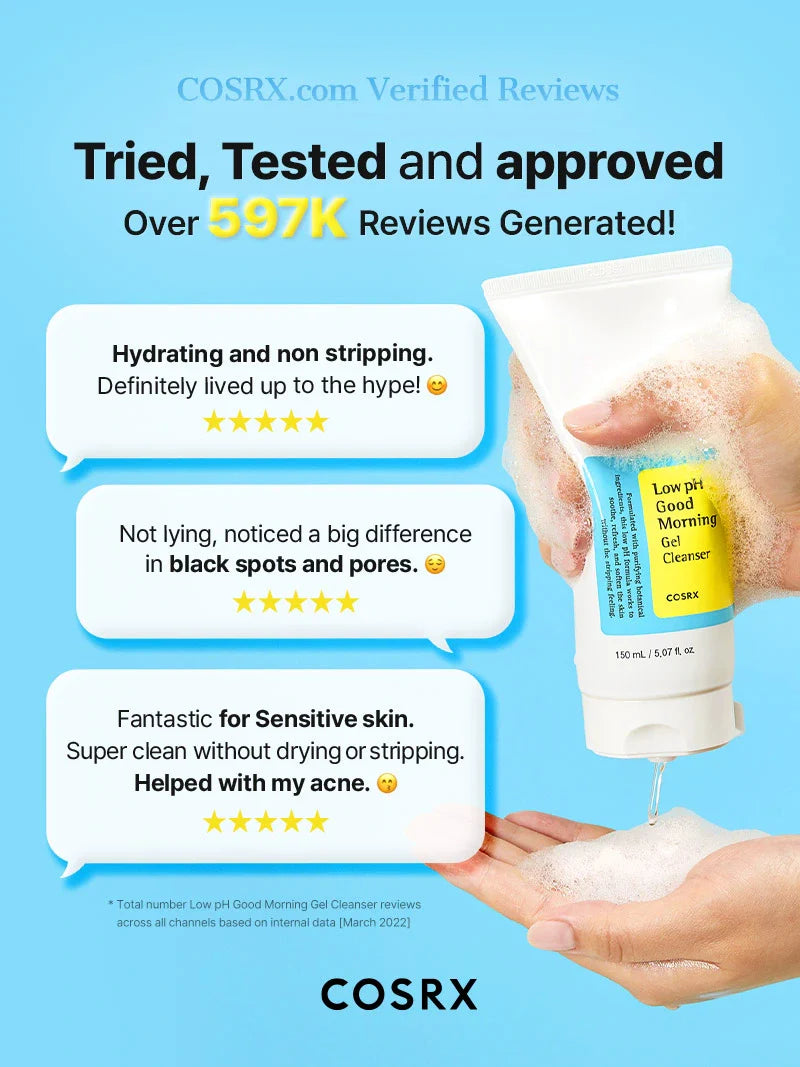 COSRX Low pH Good Morning Gel Cleanser — low-pH formula cleanses without stripping skin