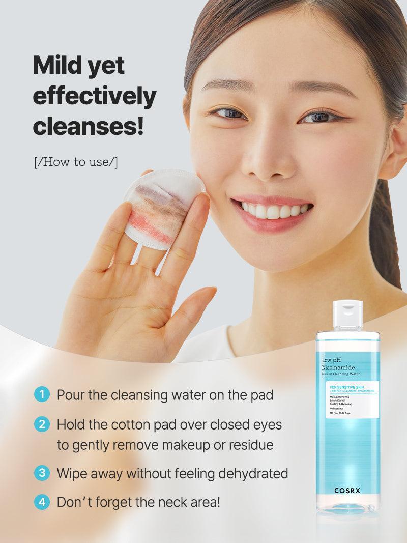 COSRX Low pH Niacinamide Micellar Cleansing Water — how to use: soak a cotton pad and wipe across the face