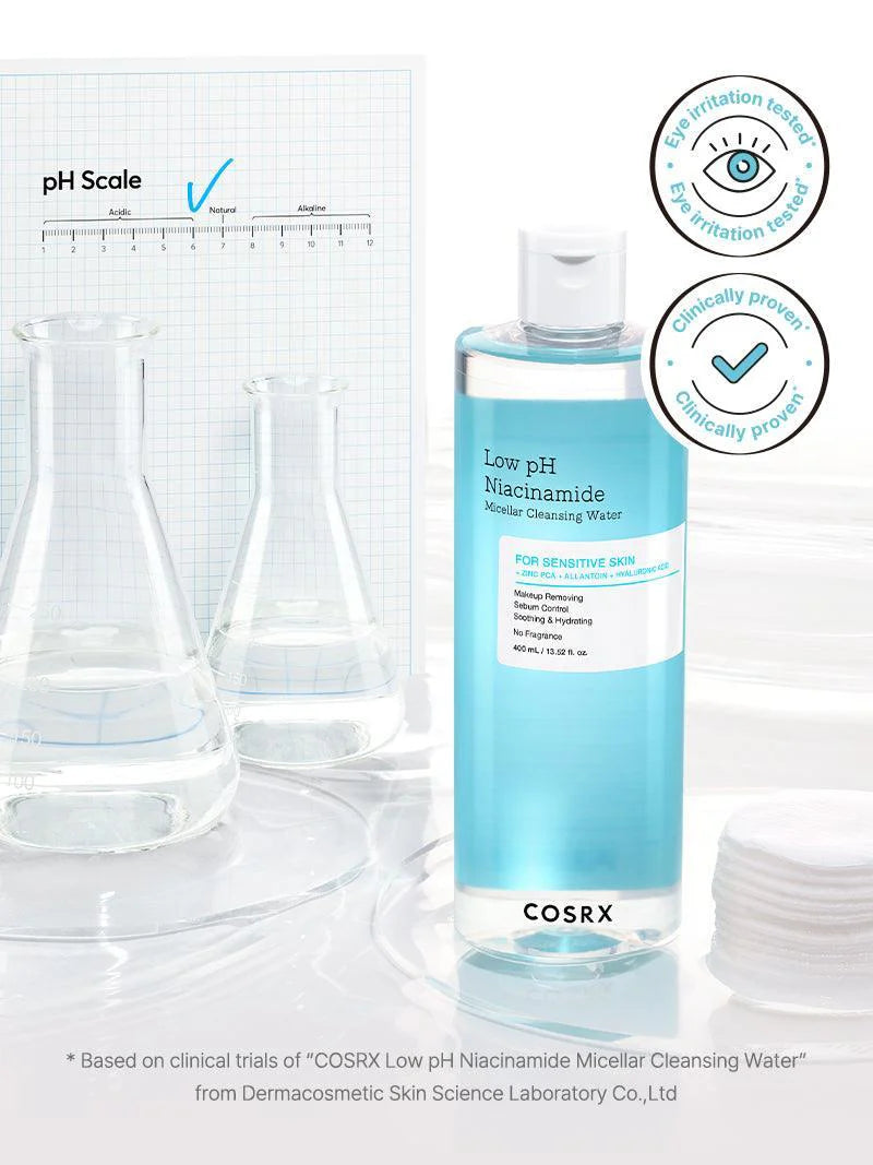 COSRX Low pH Niacinamide Micellar Cleansing Water — gently removes makeup and impurities in one step
