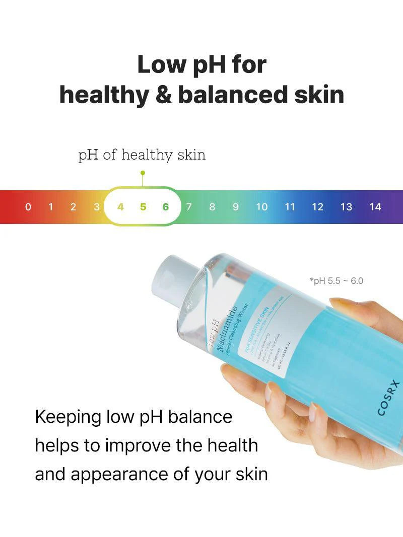 COSRX Low pH Niacinamide Micellar Cleansing Water — no-rinse formula leaves skin clean and comfortable