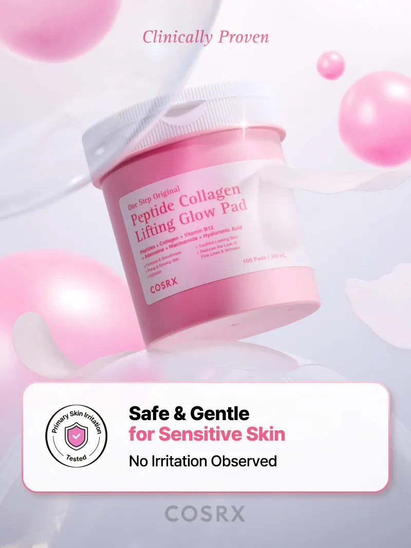 COSRX One Step Original Peptide Collagen Lifting Glow Pad — how to use: wipe across cleansed skin morning and night