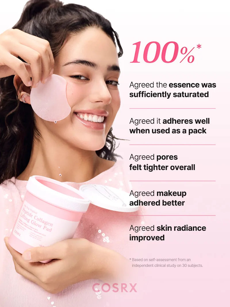 COSRX One Step Original Peptide Collagen Lifting Glow Pad — embossed side exfoliates, soft side soothes