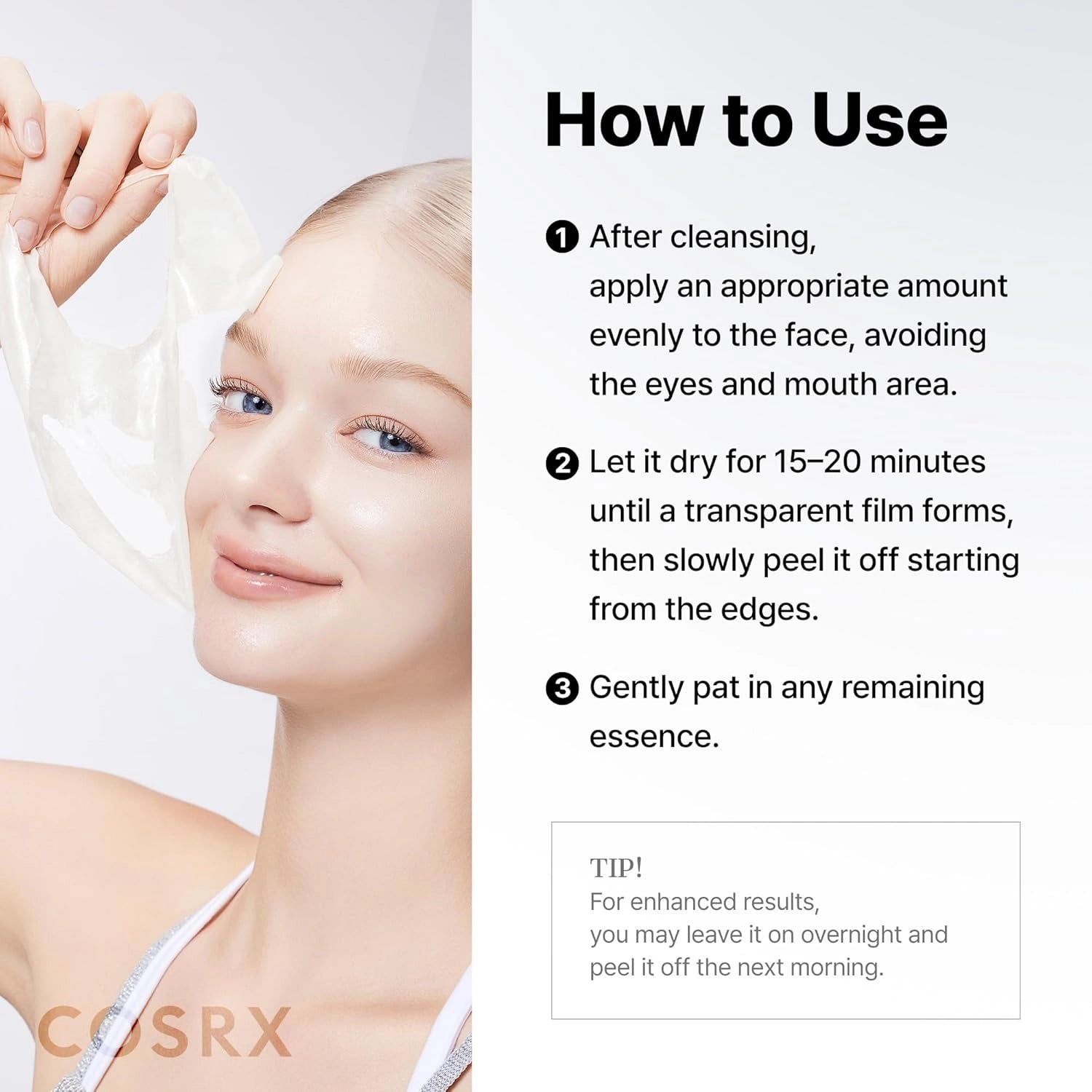COSRX PDRN Exosome Skin Plaining Glaze Mask — how to use: apply an even layer, leave on, then rinse or pat in
