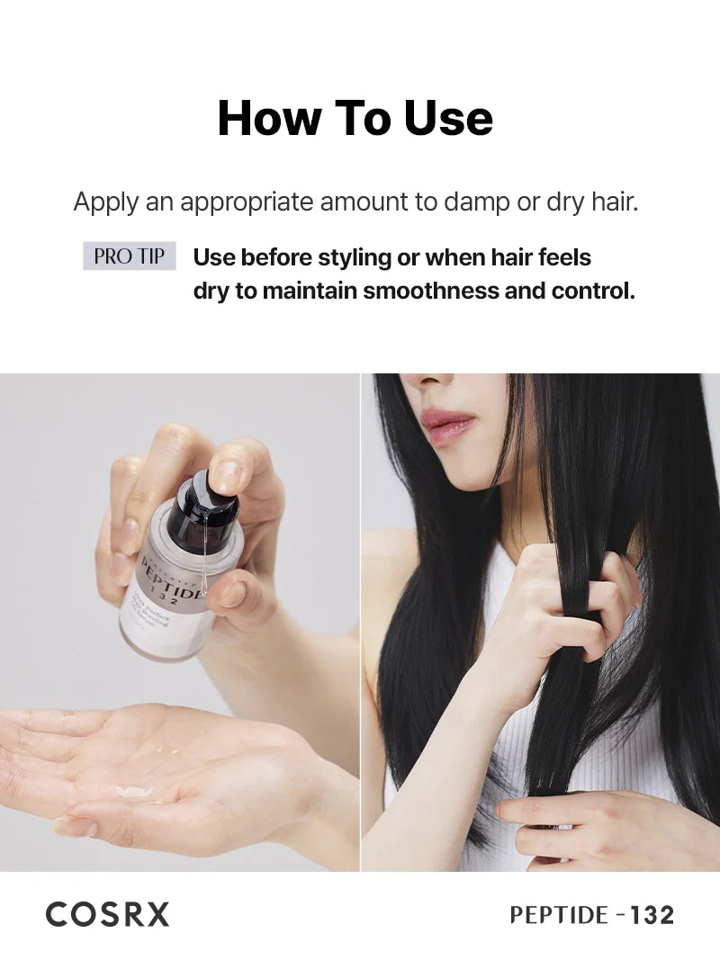 COSRX PEPTIDE-132 Ultra Perfect Hair Bonding Oil Serum — how to use: apply a few drops to damp or dry ends
