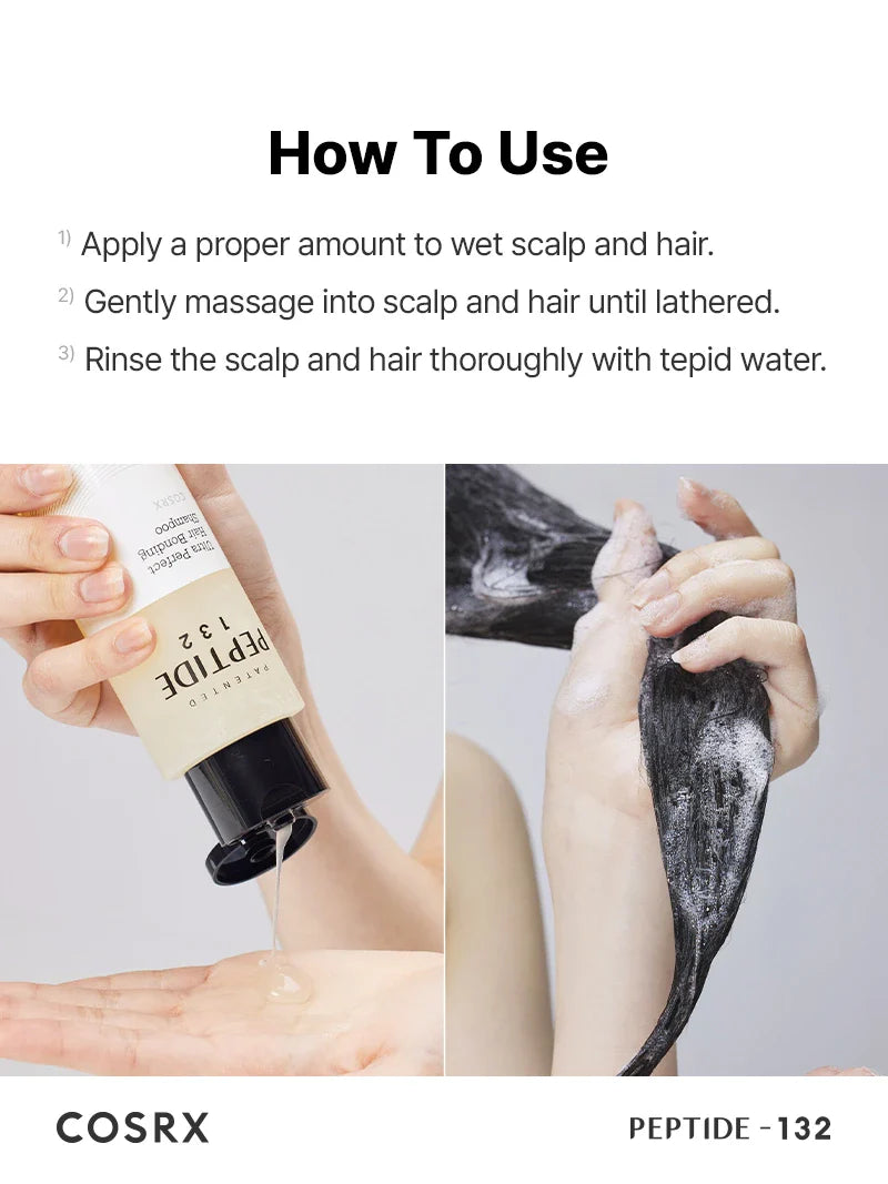 COSRX PEPTIDE-132 Ultra Perfect Hair Bonding Shampoo — how to use: massage into wet hair, lather, then rinse