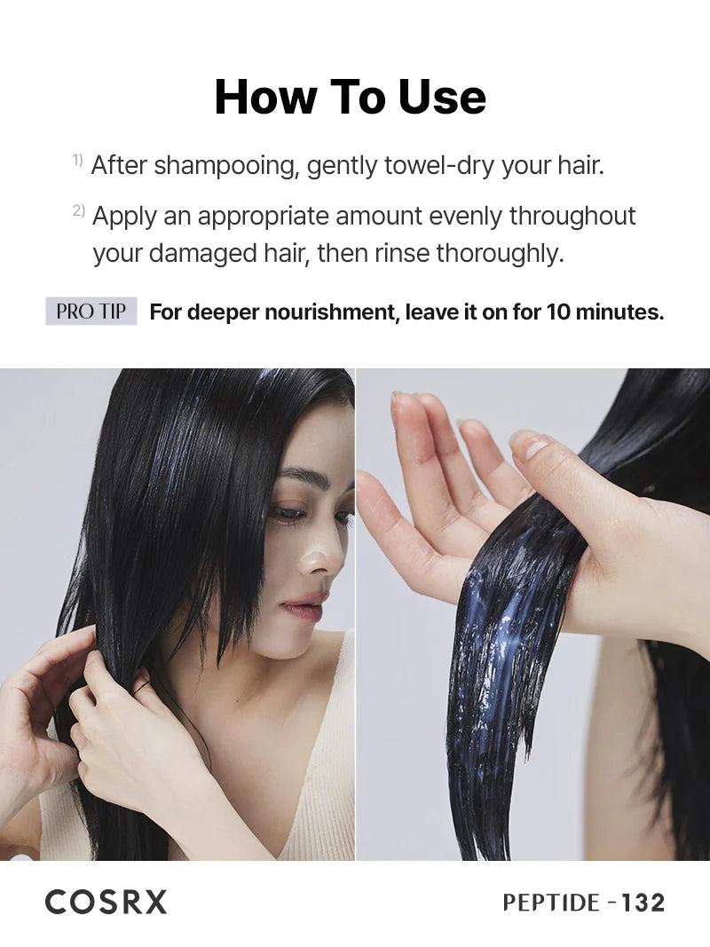 COSRX PEPTIDE-132 Ultra Perfect Hair Bonding Treatment — how to use: apply to washed hair, leave on, then rinse