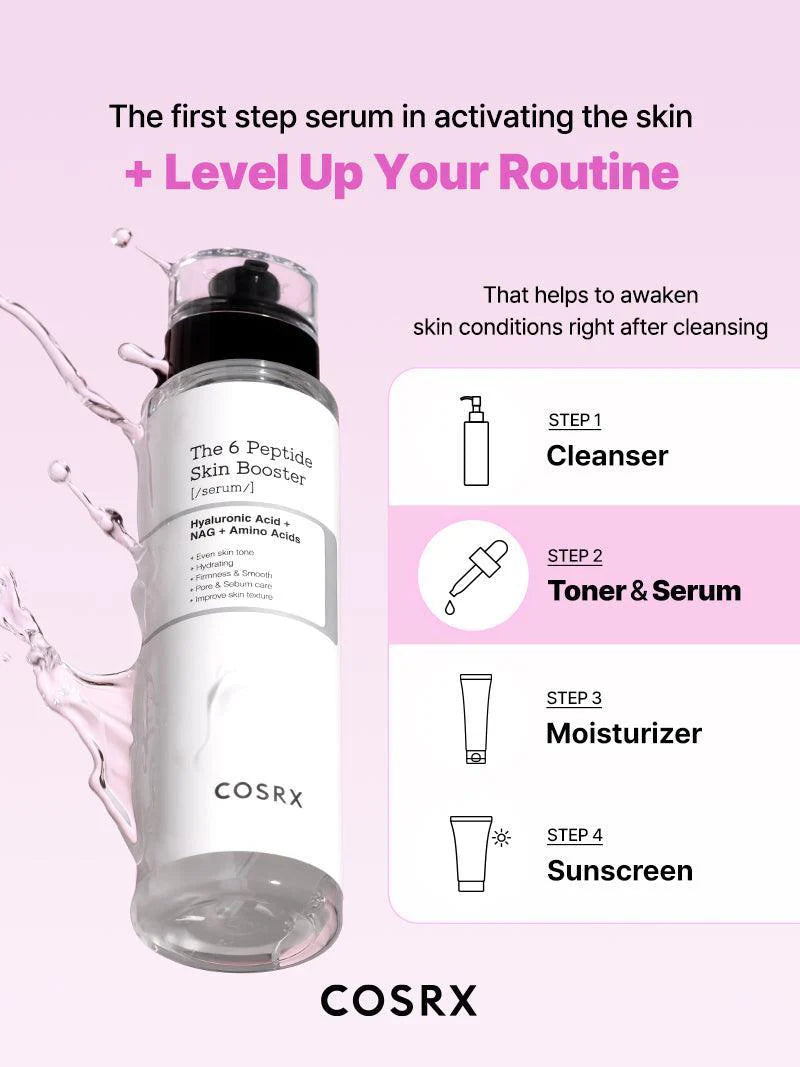 COSRX The 6 Peptide Skin Booster Serum — how to use: apply a few drops after toner, AM and PM