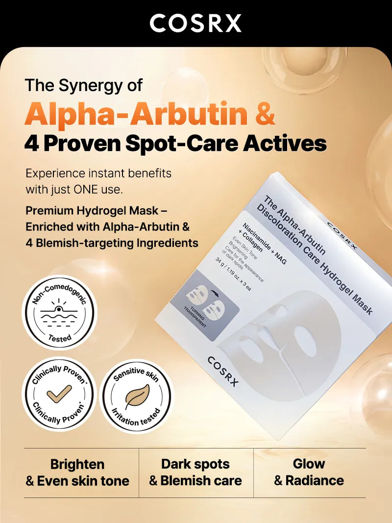 COSRX The Alpha-Arbutin Discoloration Care Hydrogel Mask — helps fade the look of dark spots