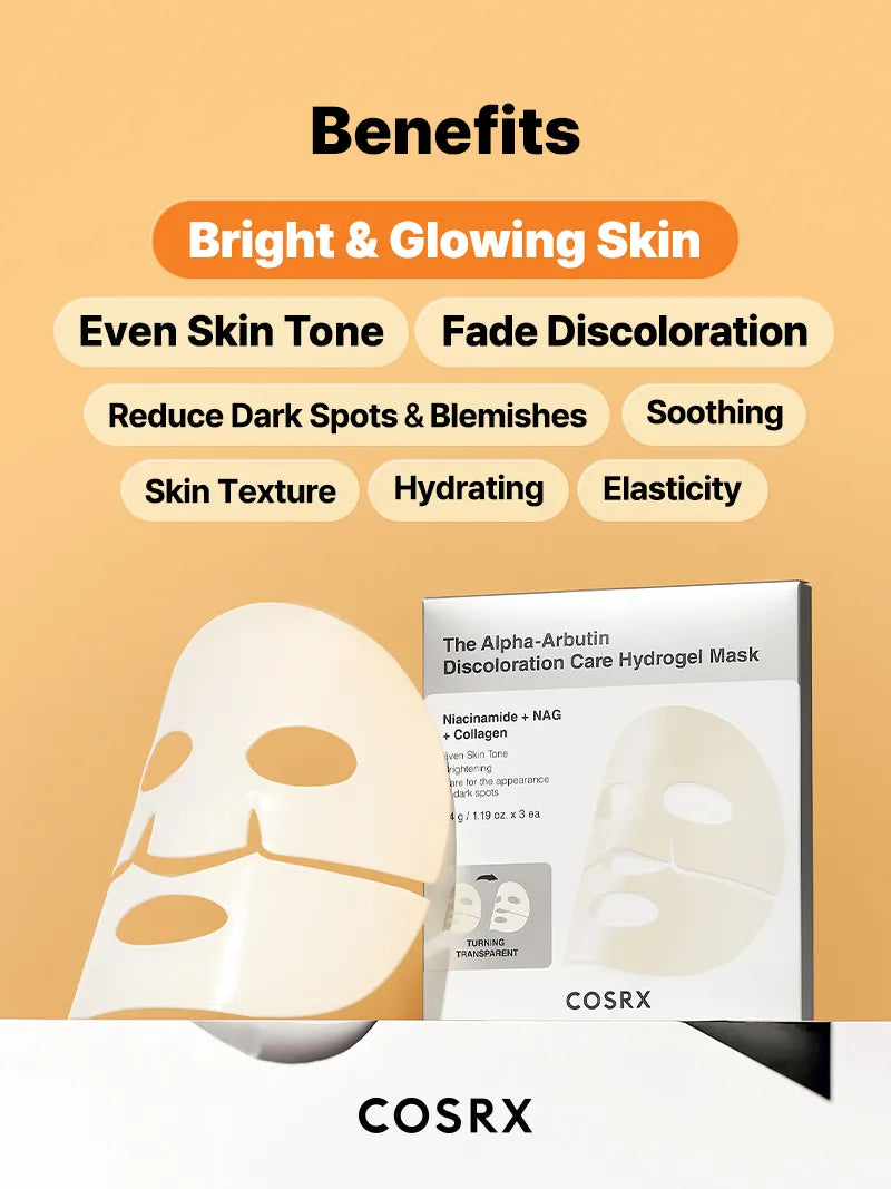 COSRX The Alpha-Arbutin Discoloration Care Hydrogel Mask — drenches skin in concentrated essence
