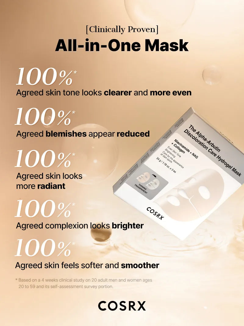 COSRX The Alpha-Arbutin Discoloration Care Hydrogel Mask — hydrogel sheet hugs the face for full delivery