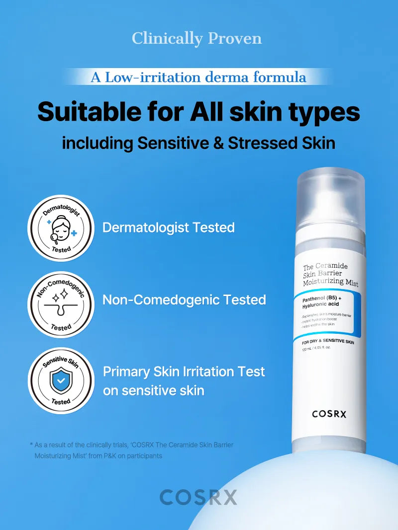 COSRX The Ceramide Skin Barrier Moisturizing Mist — use throughout the day whenever skin feels dry