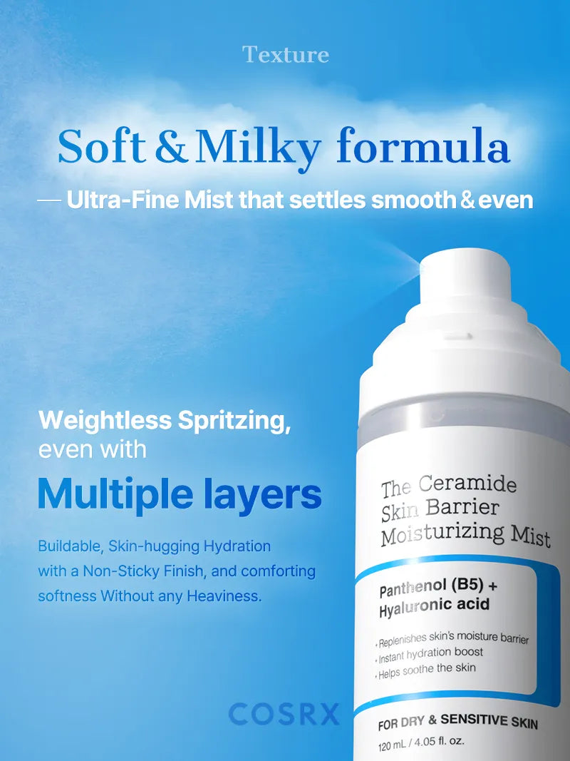 COSRX The Ceramide Skin Barrier Moisturizing Mist — fine mist refreshes makeup and skin on the go