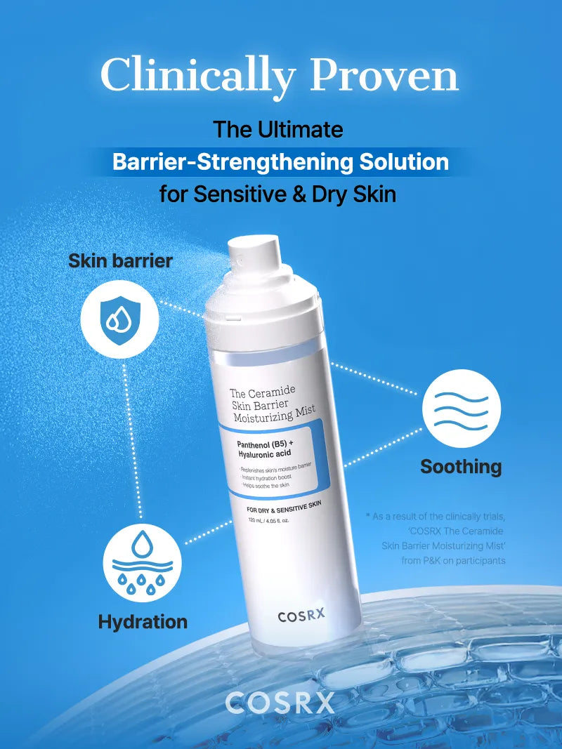 COSRX The Ceramide Skin Barrier Moisturizing Mist — use over makeup for a dewy finish