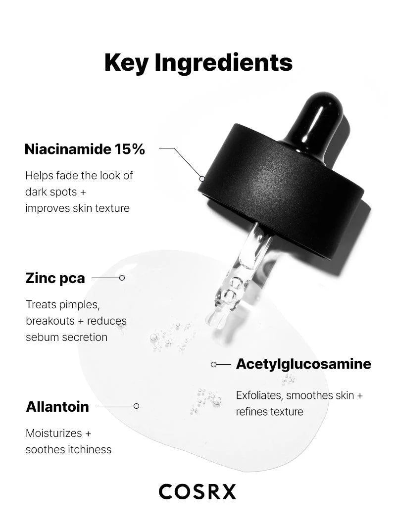 COSRX The Niacinamide 15 Serum — how to use: apply a few drops to clean skin, then moisturize