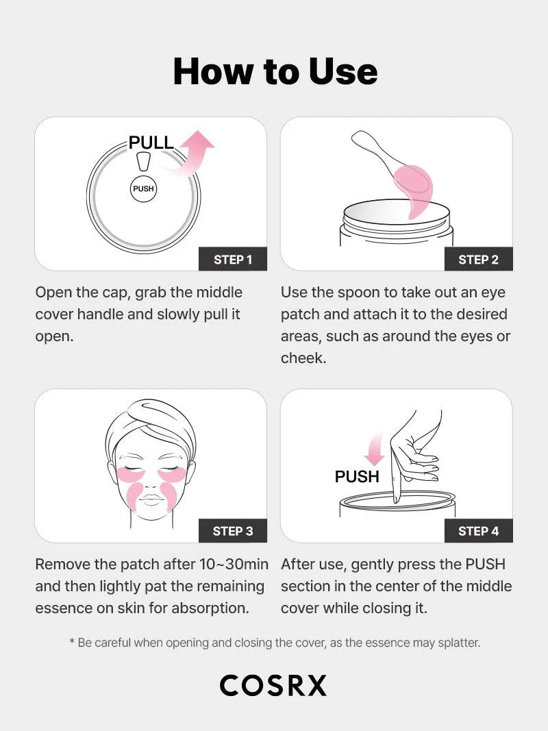 COSRX The Peptide Collagen Hydrogel Eye Patch — how to use: apply under the eyes for 20–30 minutes, then pat in