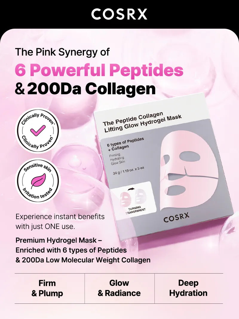 COSRX The Peptide Collagen Lifting Glow Hydrogel Mask — smooths the look of fine lines
