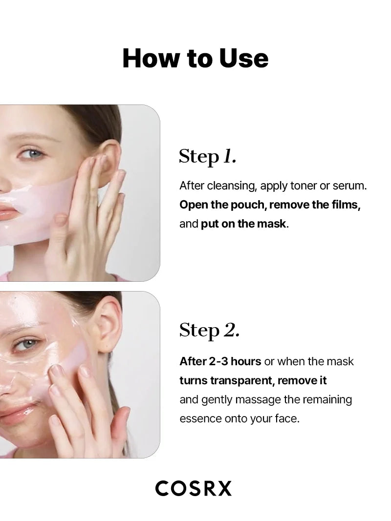 COSRX The Peptide Collagen Lifting Glow Hydrogel Mask — how to use: apply to clean skin for 20–30 minutes, then pat in