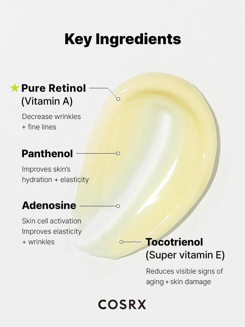 COSRX The Retinol 0.1 Cream — how to use: apply a small amount at night, then moisturize