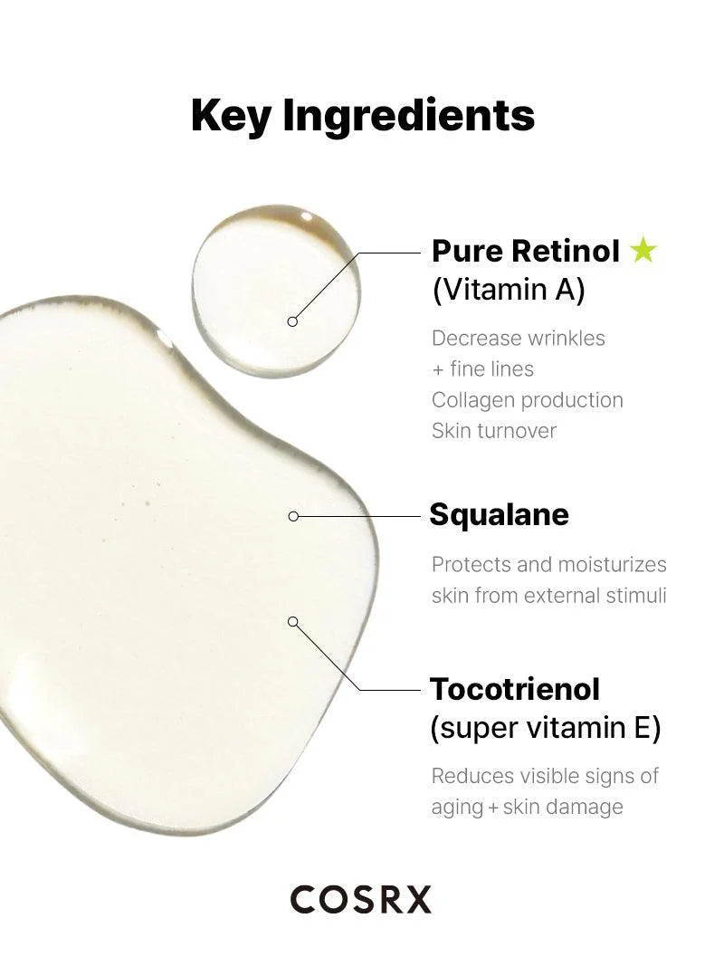 COSRX The Retinol 0.5 Oil — how to use: apply a few drops at night, then moisturize