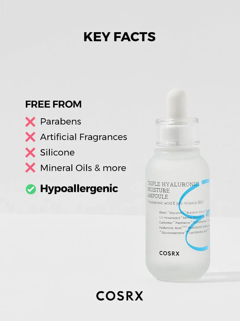 COSRX Triple Hyaluronic Moisture Ampoule — how to use: apply a few drops to damp skin after toner