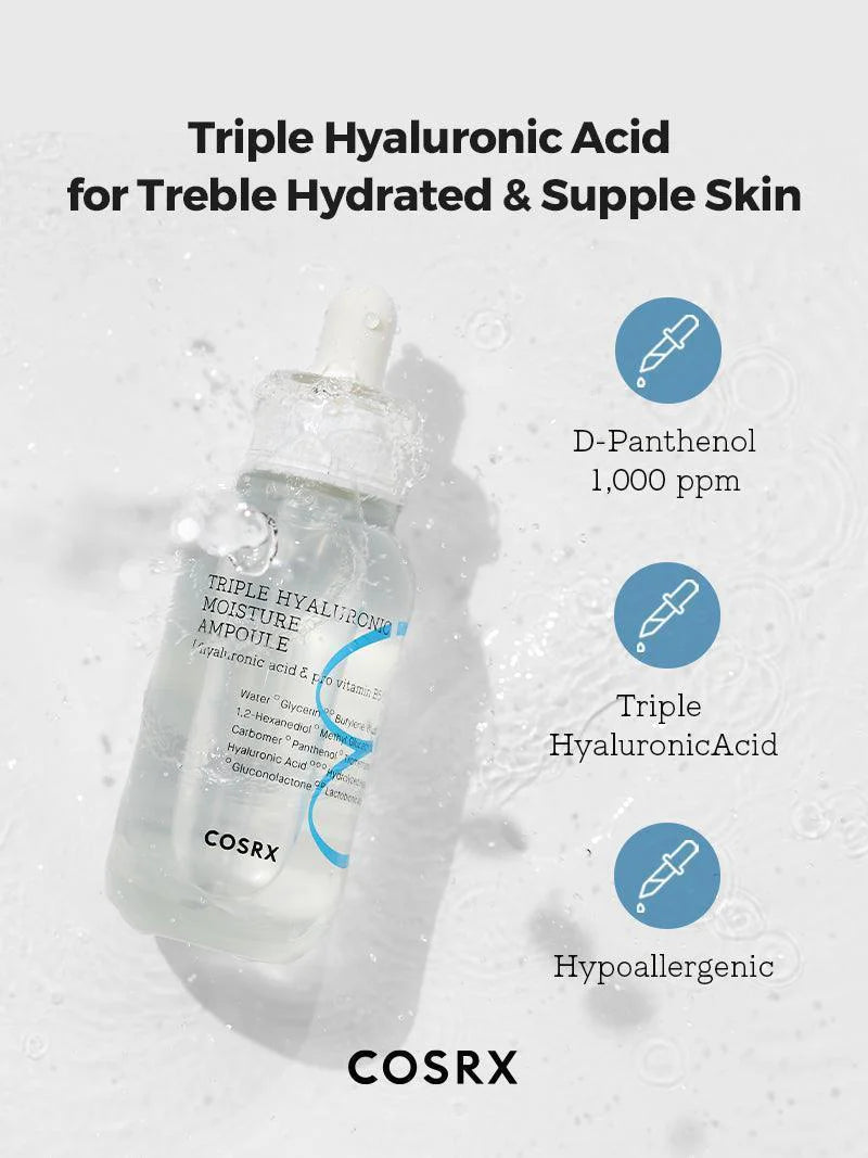 COSRX Triple Hyaluronic Moisture Ampoule — triple hyaluronic acid drenches skin in moisture