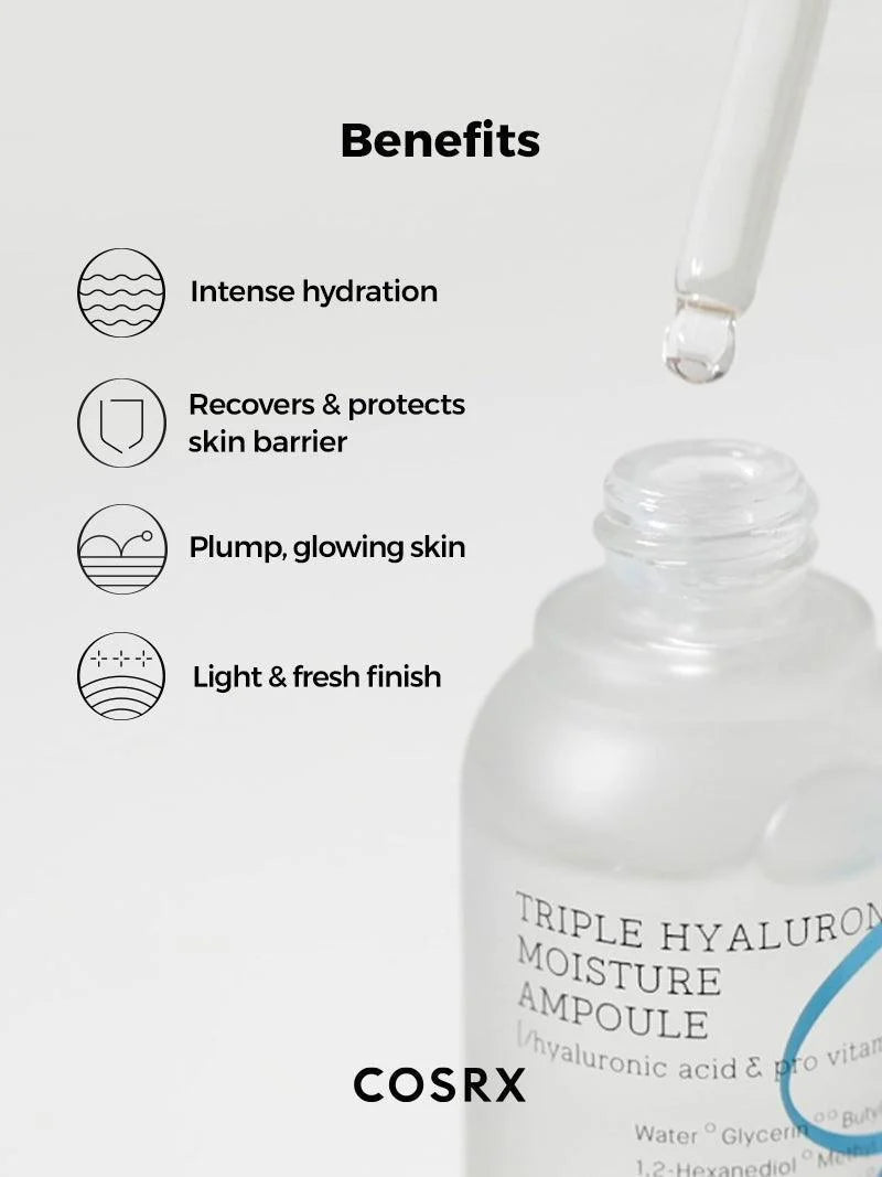 COSRX Triple Hyaluronic Moisture Ampoule — plumps skin for a smooth, dewy finish