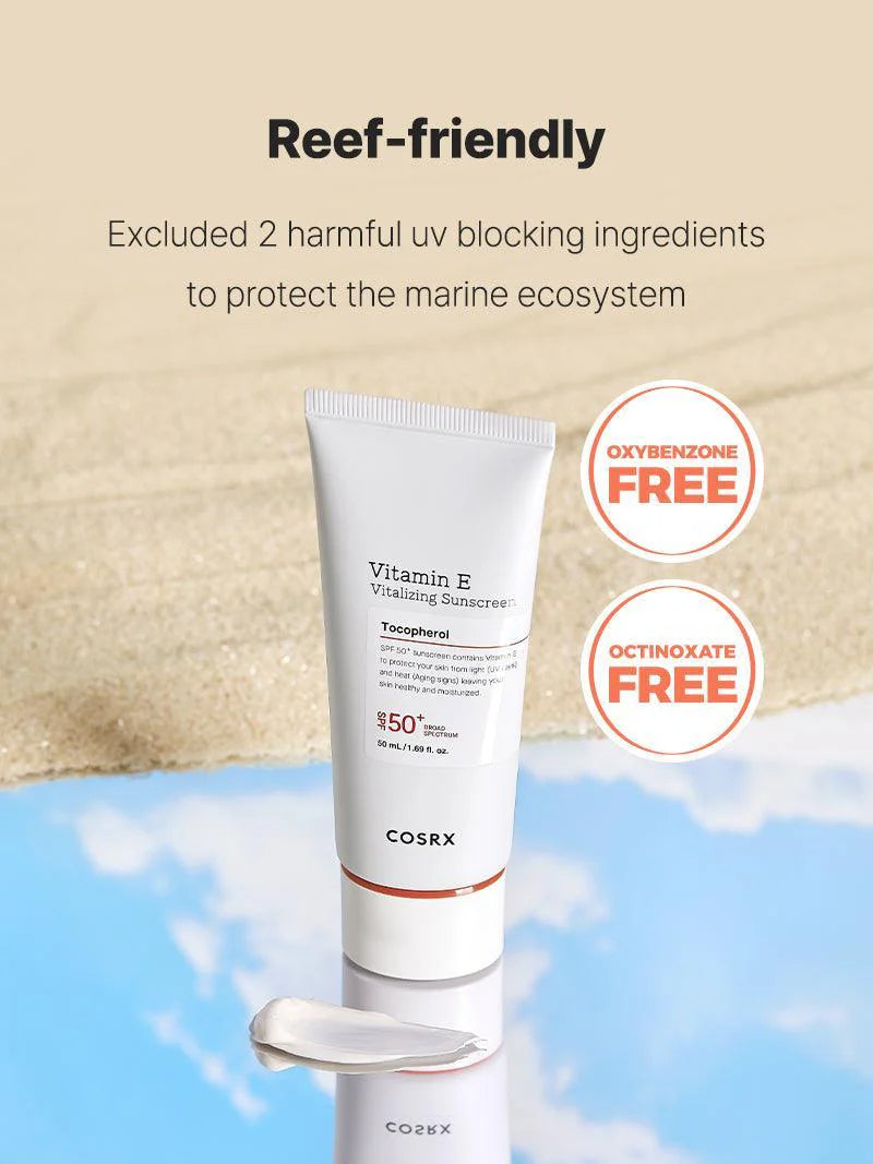 COSRX Vitamin E Vitalizing Sunscreen SPF50+ — how to use: apply as the last step of skincare before sun exposure