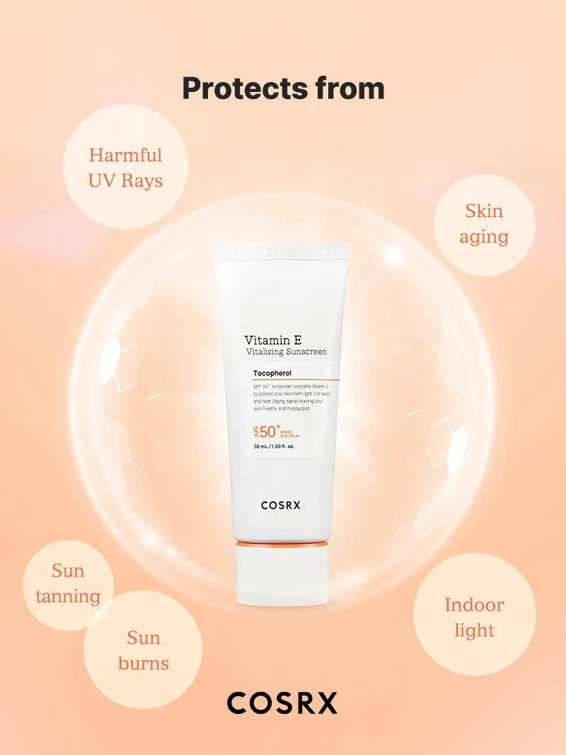 COSRX Vitamin E Vitalizing Sunscreen SPF50+ — hydrates while it protects for comfortable wear