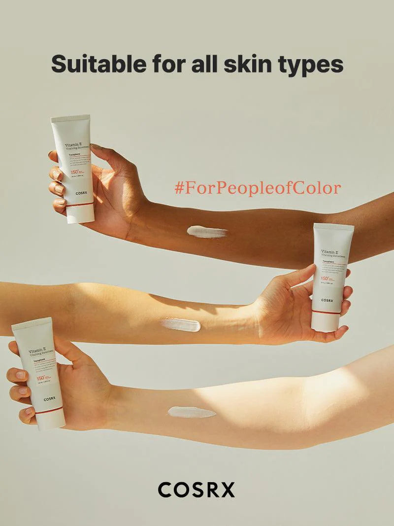 COSRX Vitamin E Vitalizing Sunscreen SPF50+ — blends in smoothly with no heavy white cast