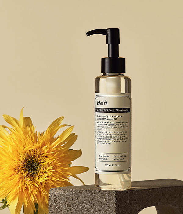 Dear Klairs Gentle Black Fresh Cleansing Oil — how to use: massage onto dry skin, then rinse with water