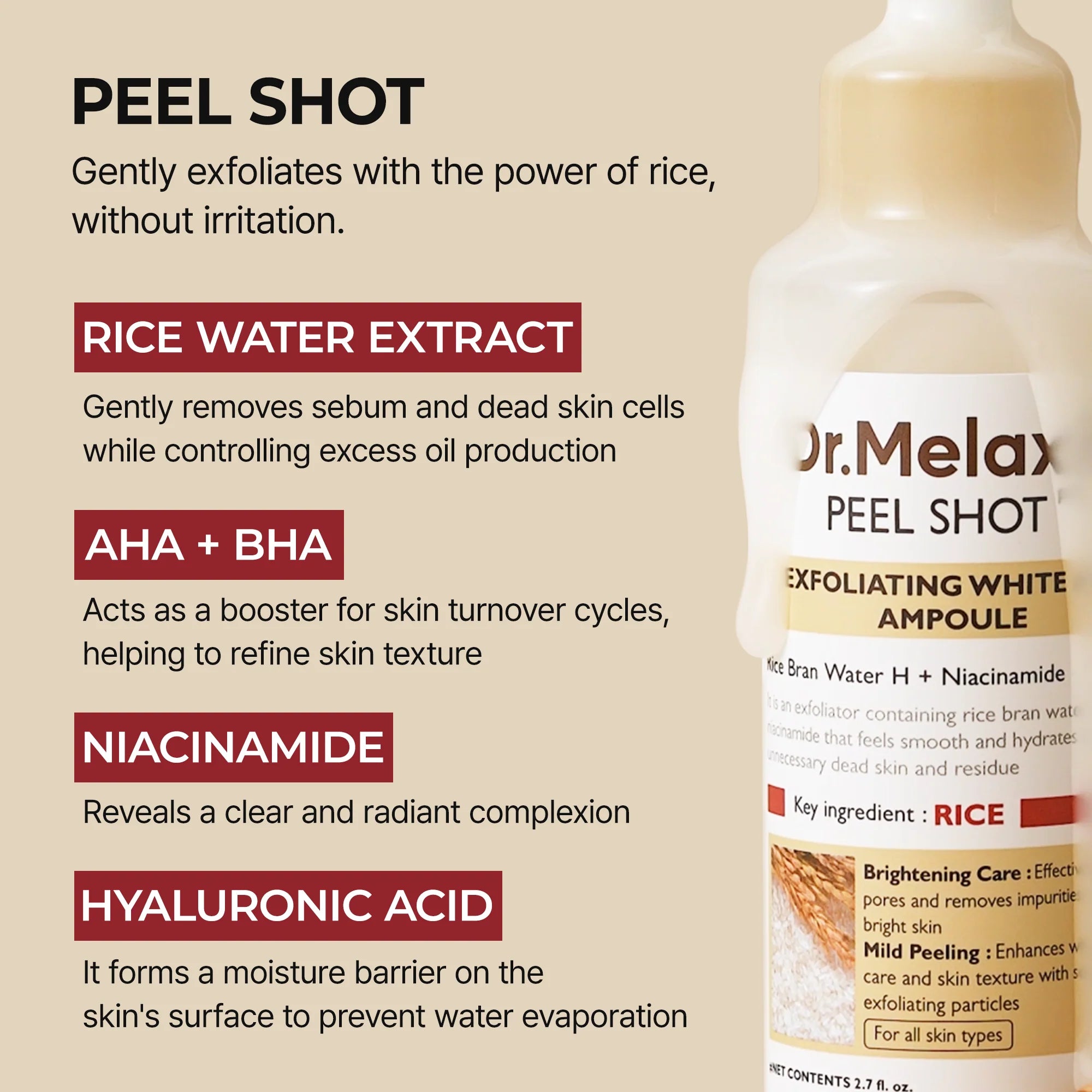 Dr.Melaxin Peel Shot Exfoliant White Rice Ampoule — gentle chemical exfoliation