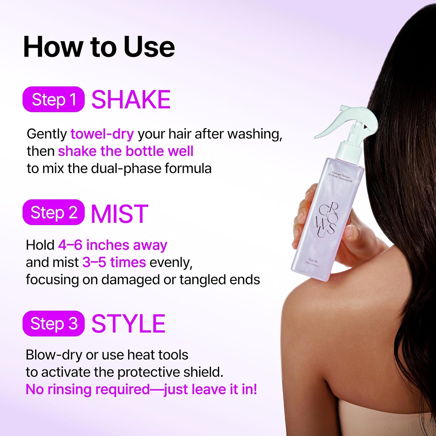 GROWUS Damage Therapy No-Wash Treatment EX — how to use: apply to damp hair, no rinse needed