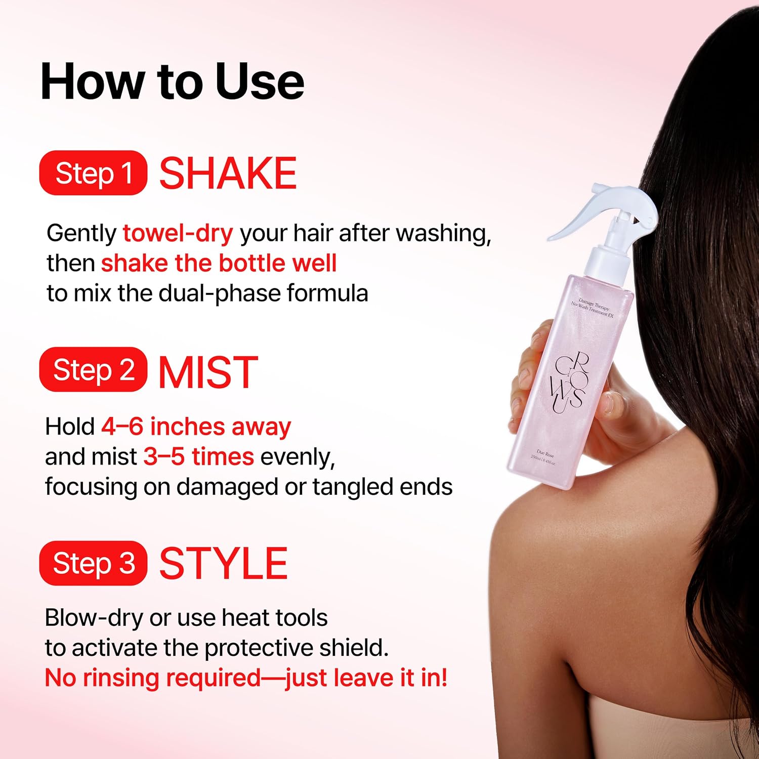 GROWUS Damage Therapy No-Wash Treatment True Me — how to use: apply to damp hair, no rinse needed