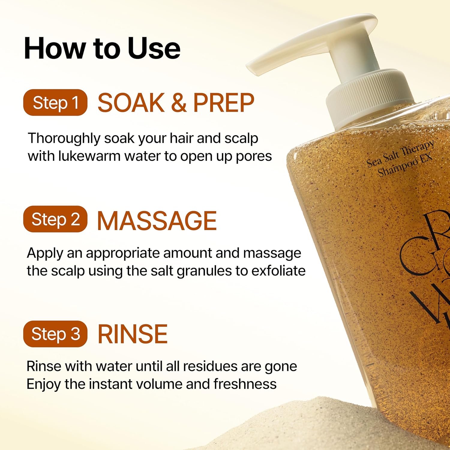 GROWUS Sea Salt Therapy Shampoo — how to use: massage into wet scalp and rinse