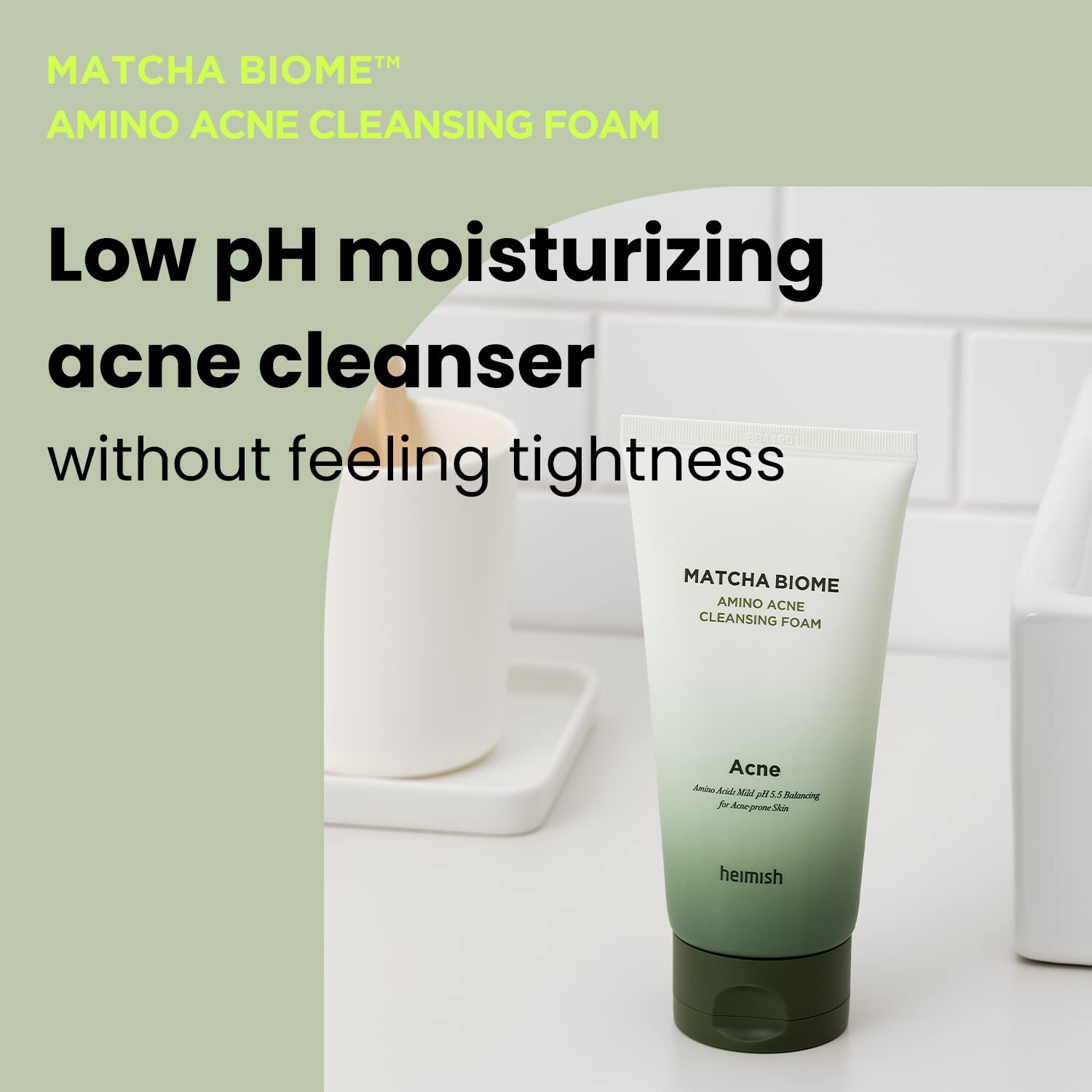 heimish Matcha Biome Amino Acne Cleansing Foam packaging with matcha biome and amino acids