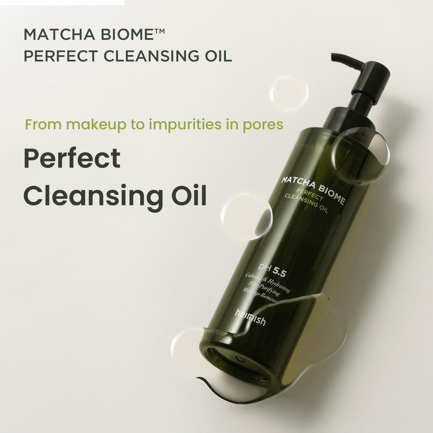 heimish Matcha Biome Cleansing Oil bottle packaging with pump dispenser