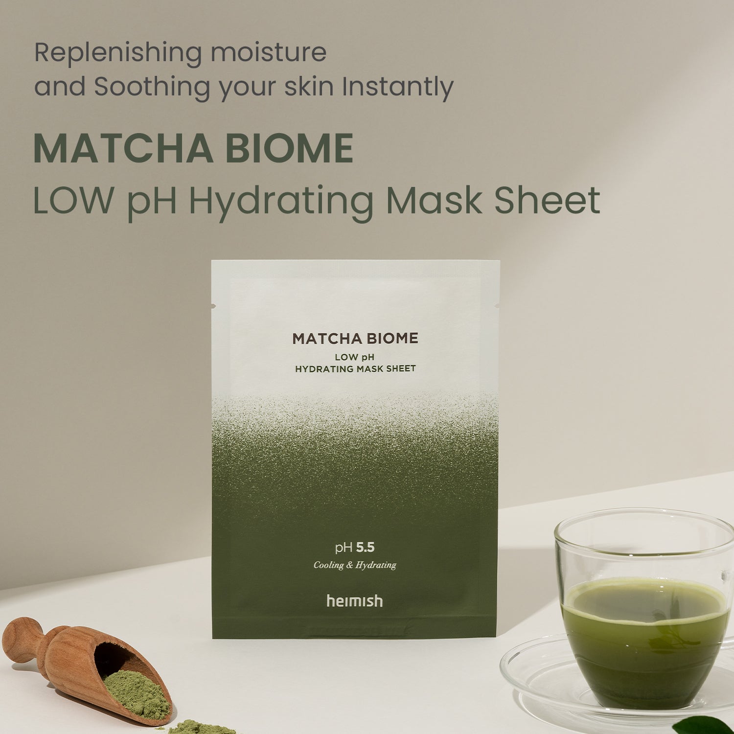 heimish Matcha Biome Low pH Hydrating Mask Sheet soaked in matcha biome essence