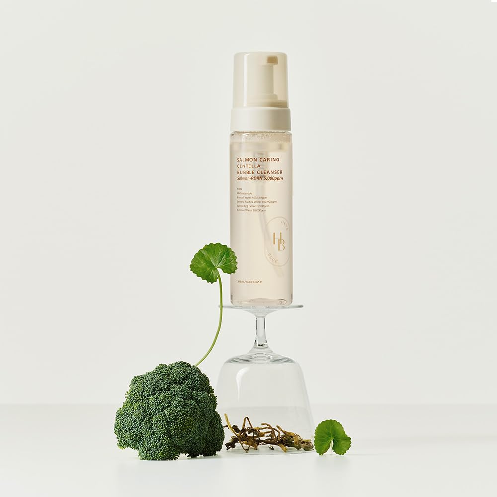 HEVEBLUE Salmon Caring Centella Bubble Cleanser self-foaming pump application