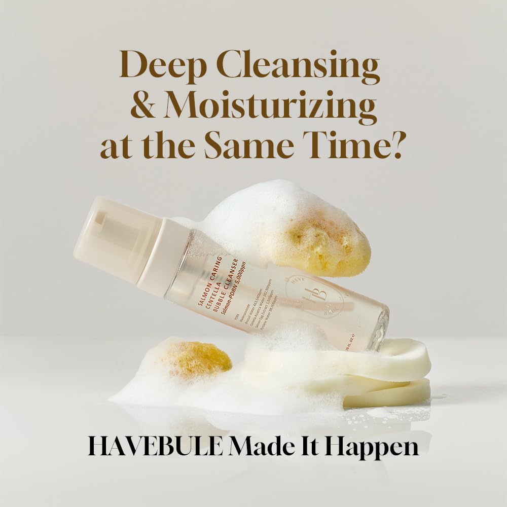 HEVEBLUE Salmon Caring Centella Bubble Cleanser removes makeup and impurities