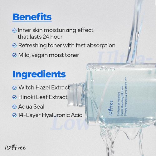 Isntree Ultra-Low Molecular Hyaluronic Acid Toner — how to use: apply with hands or a cotton pad after cleansing