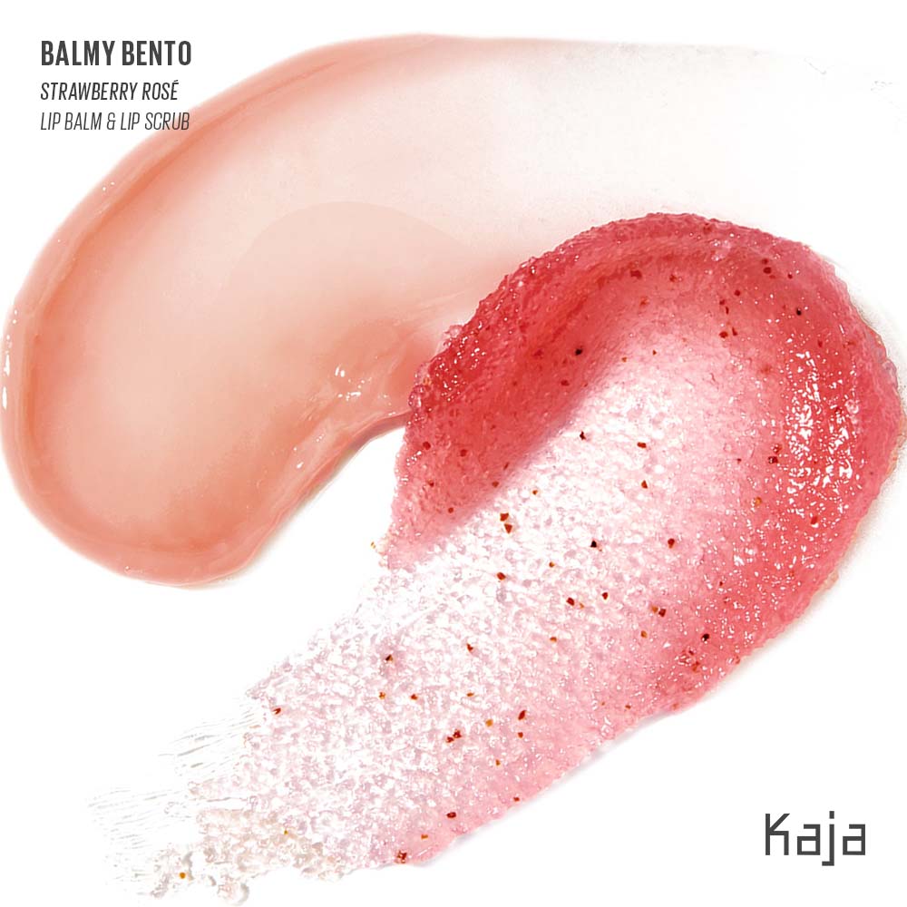 Kaja Balmy Bento Lip Balm & Scrub Strawberry Rose applied lip look