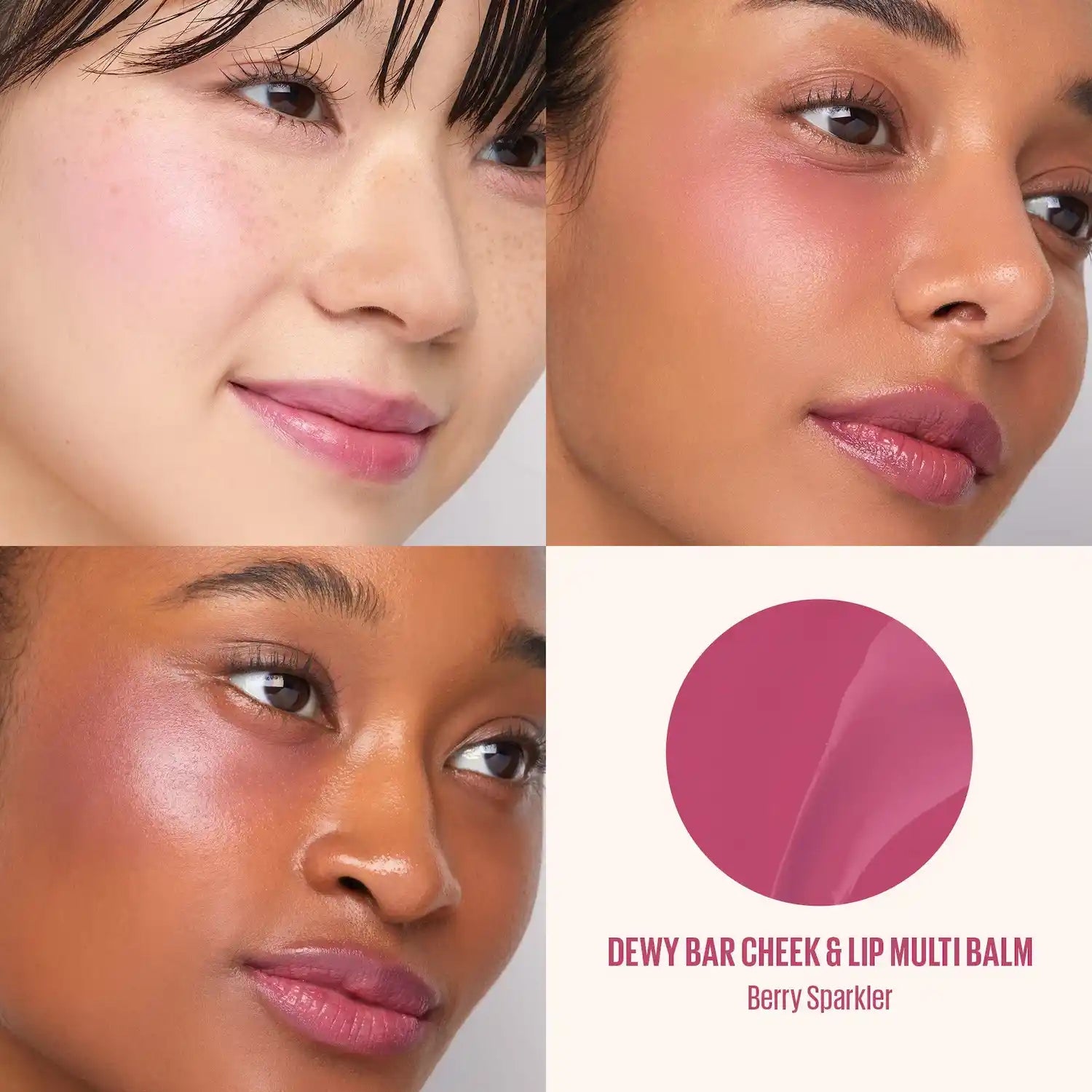 Kaja Dewy Bar in Berry Sparkler on cheeks and lips
