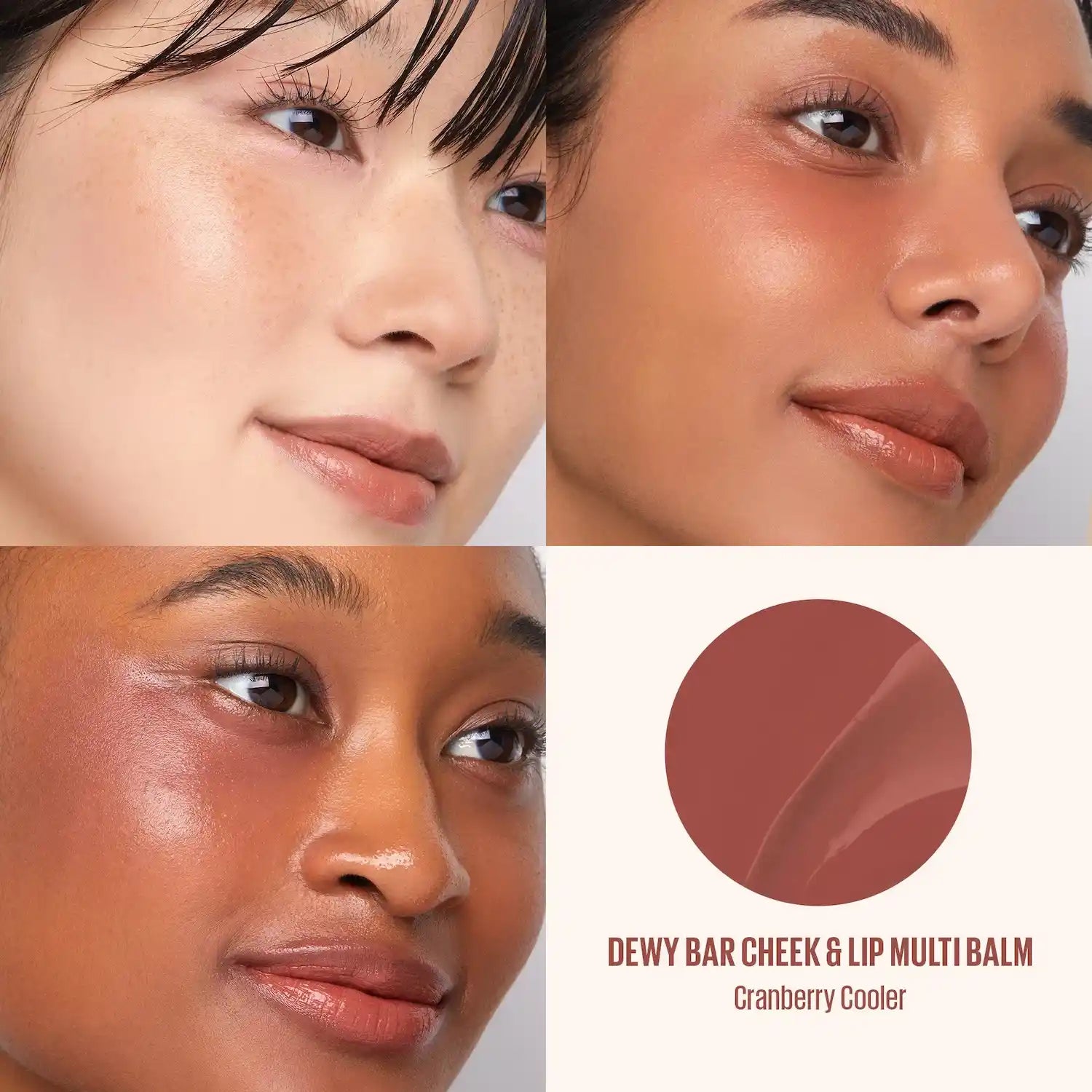 Kaja Dewy Bar in Cranberry Cooler on cheeks and lips